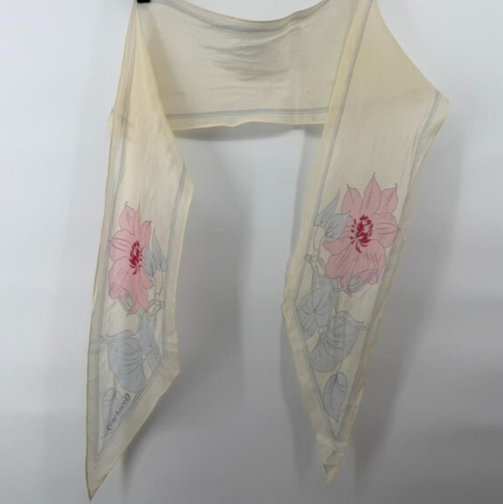 100% Silk! Vintage Cacharel Silk Scarf - Cream & Pink Floral Skinny Scarf - Picture 2 of 3